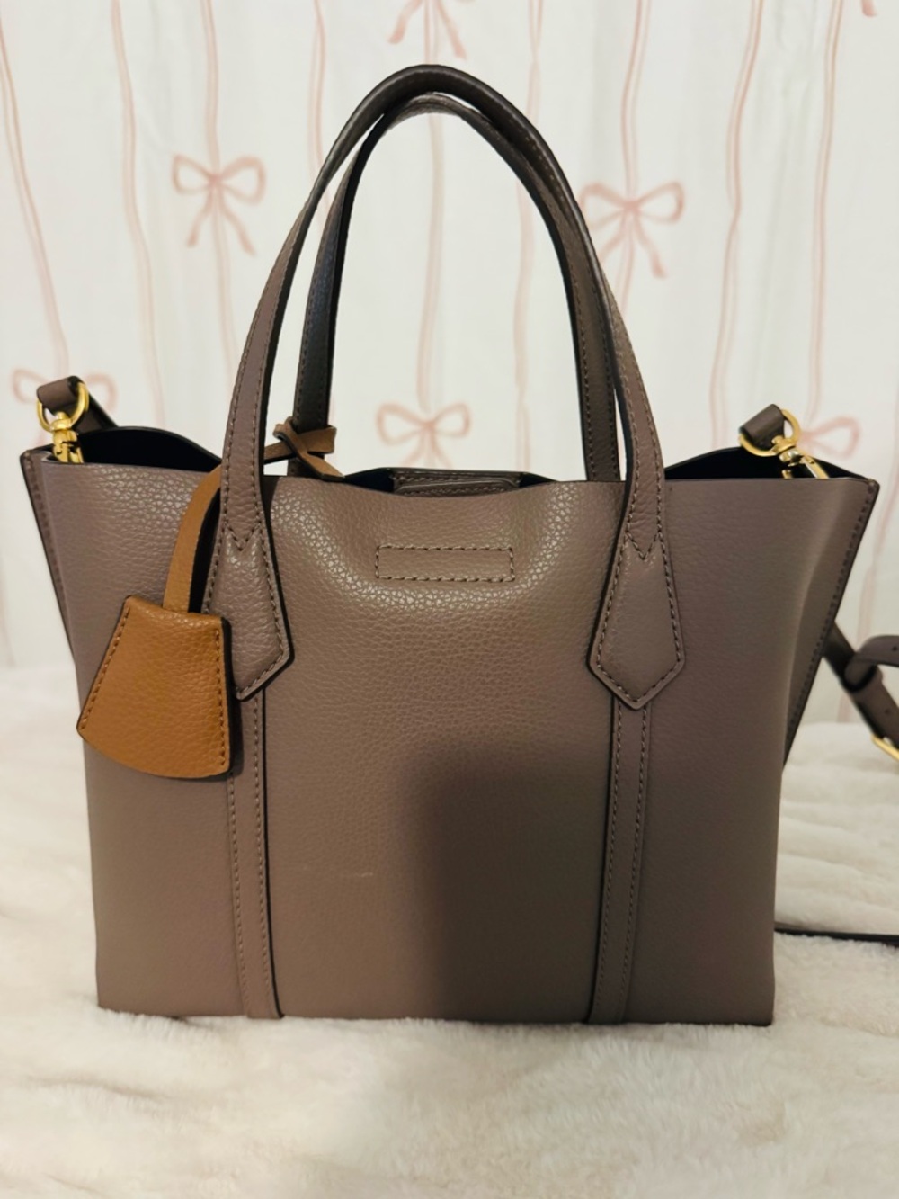 Tory Burch Taupe Pebbled Leather Shoulder Tote - Picture 2 of 7